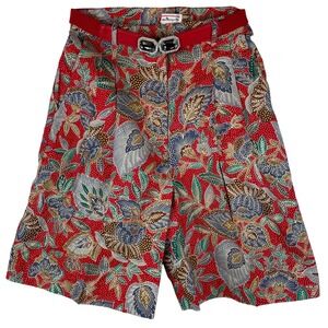 Talbots Vintage Red Batik Floral Cotton Pleated Shorts with Jeweled Belt Size 10